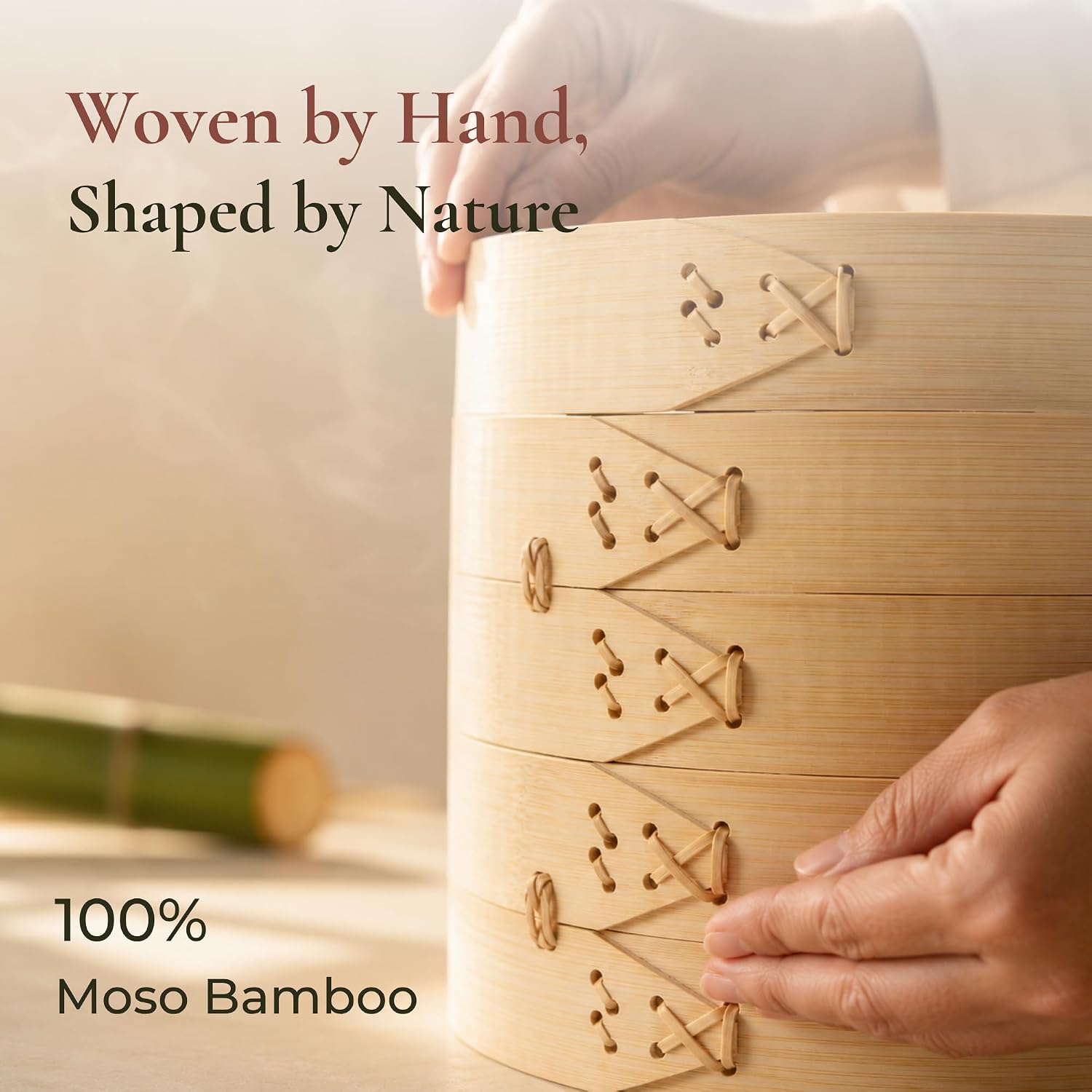 HAPPI STUDIO Bamboo Steamer Basket 10 Inch, Extra Deep Dumpling Steamer Set