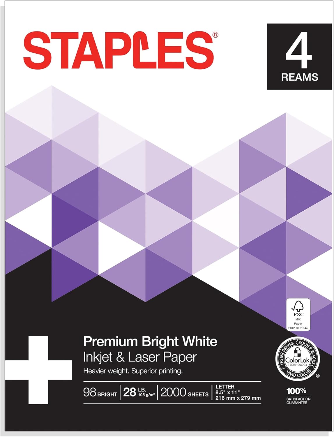 Staples Laser Paper 8.5 x 11 Inch 28 lb 98 Bright High‑Quality Prints, 500 Sheets | Heavyweight paper for crisp, professional prints in laser printers and copiers.