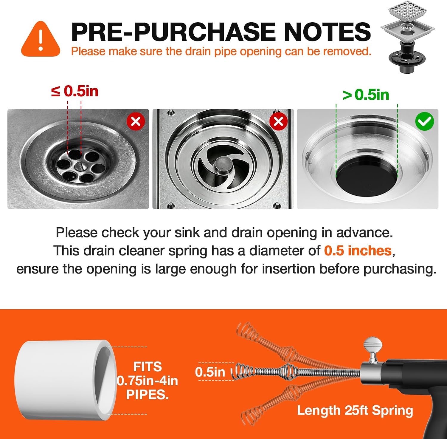 25ft Drain Auger Heavy Duty, Professional Plumbing Snake with Drill Adapter, Manual & Powered Clog Remover for Kitchen, Bathroom, Shower Sink & Bathtub, Flexible Pipe Snake Cleaner with Gloves