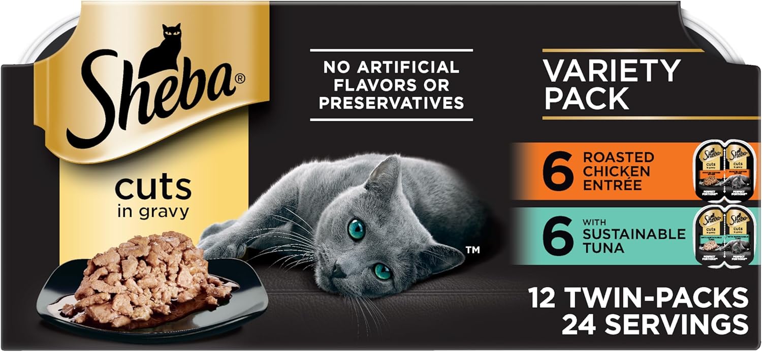 Sheba Perfect Portions Cuts Wet Cat Food, Chicken & Turkey, 2.6 oz, 12 ct | Grain-free, Roasted Chicken & Tender Turkey, adult cat food, protein-rich, no fillers or artificial flavors, twin-pack trays
