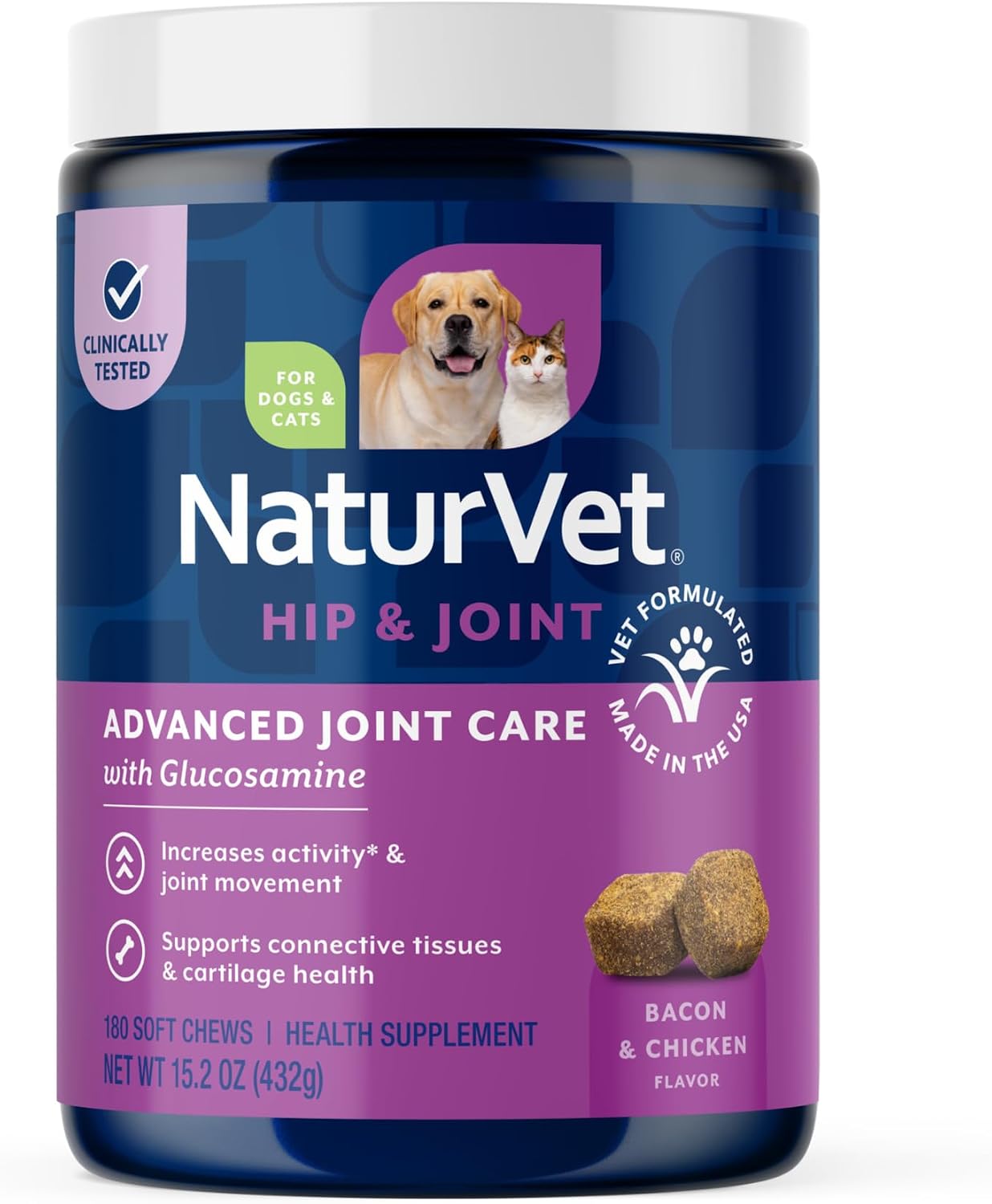 NaturVet – Glucosamine DS Plus - Level 2 Moderate Care – Supports Healthy Hip & Joint Function – Enhanced with Glucosamine, MSM & Chondroitin – for Dogs & Cats–70 Soft Chews