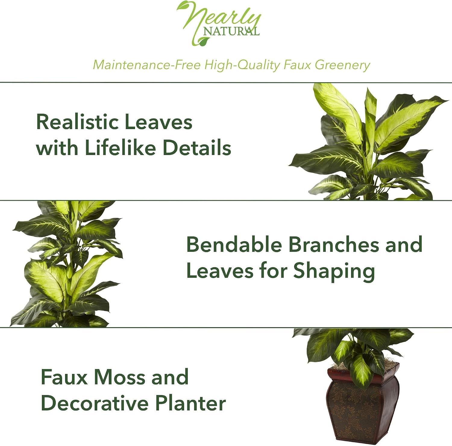 Nearly Natural 45 in Artificial Golden Dieffenbachia with Decorative Pot | Lush Variegated Leaves, Faux Greenery in Decorative Planter