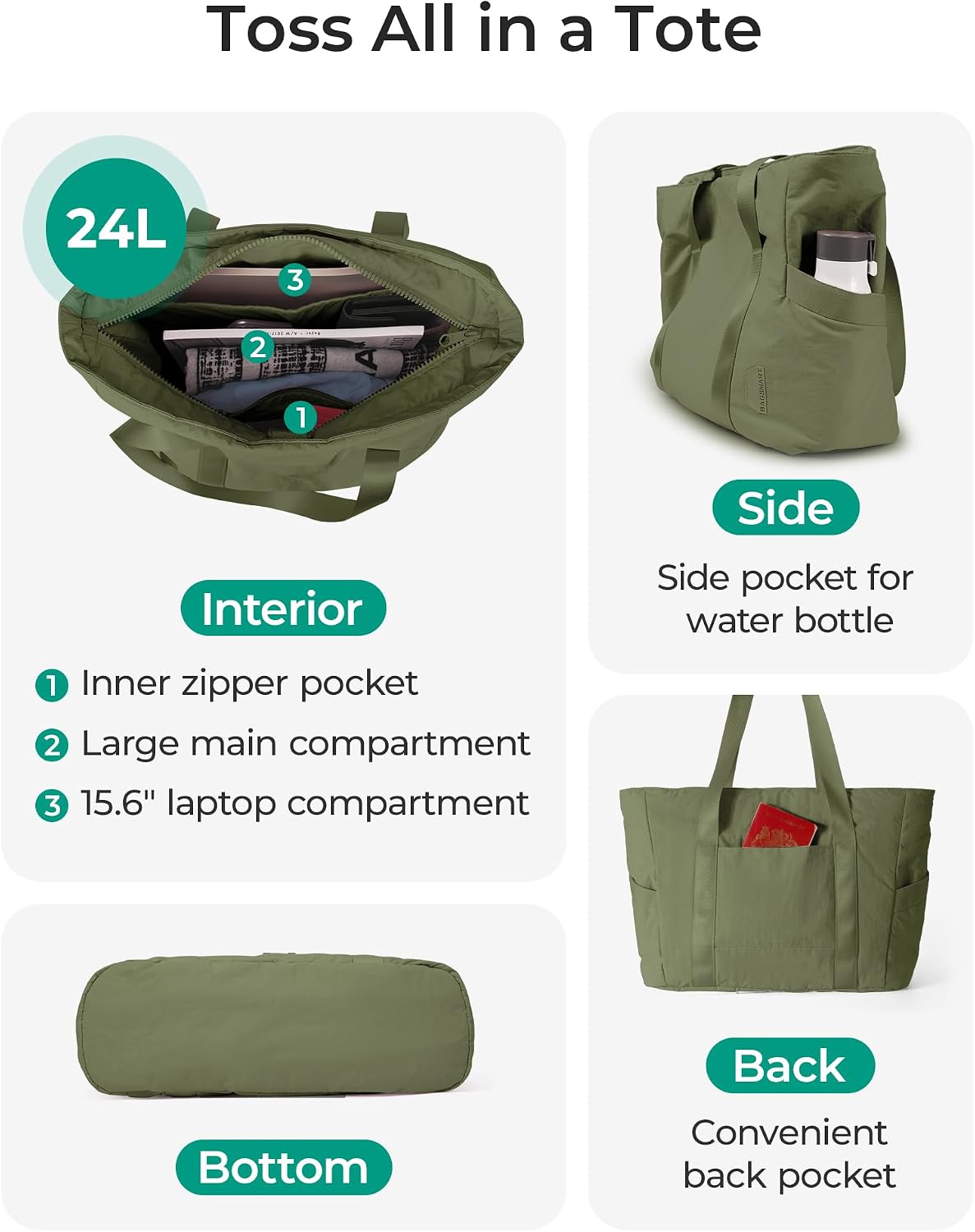 BAGSMART Gym Tote Bag for Women, 24L/28L Travel Tote Yoga Mat Bag