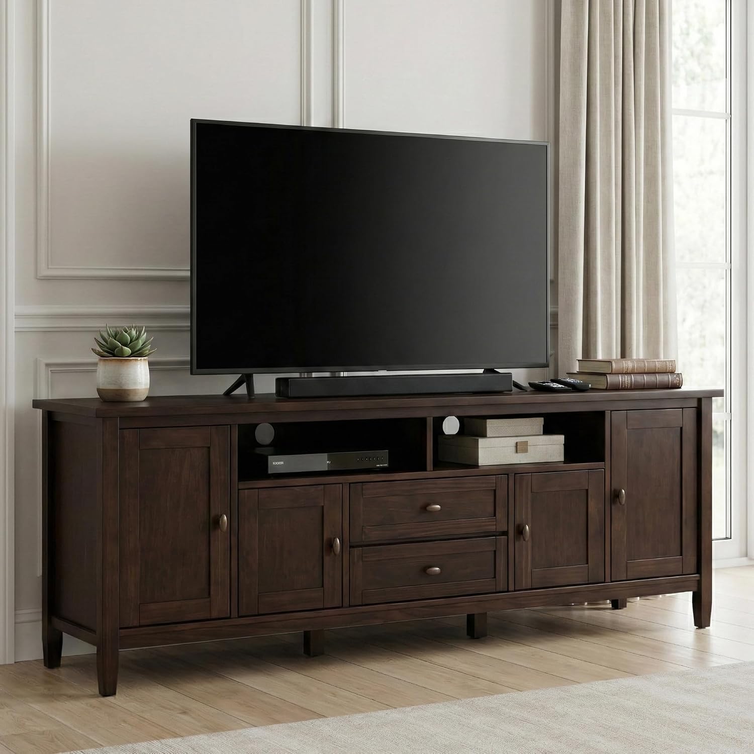 SIMPLIHOME Warm Shaker 47" Wide Solid Wood TV Stand in Light Golden Brown