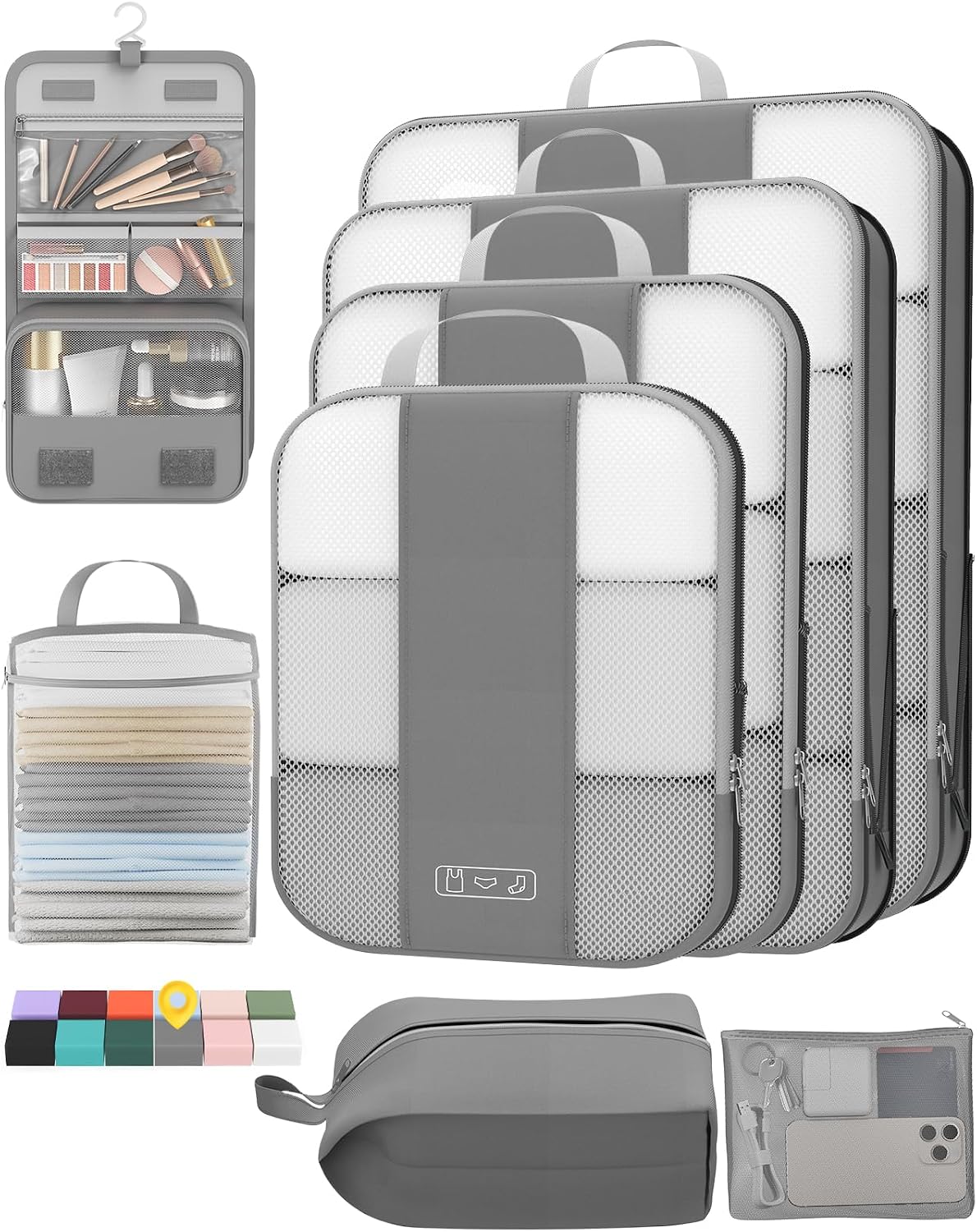 OlarHike 10 Set Compression Packing Cubes for Travel Essentials,Compressible Expandable Space Saver Bags for Organizing Clothes,Luggage Suitcase Garment Bags with Over 1000 pcs Mesh Holes(Black)