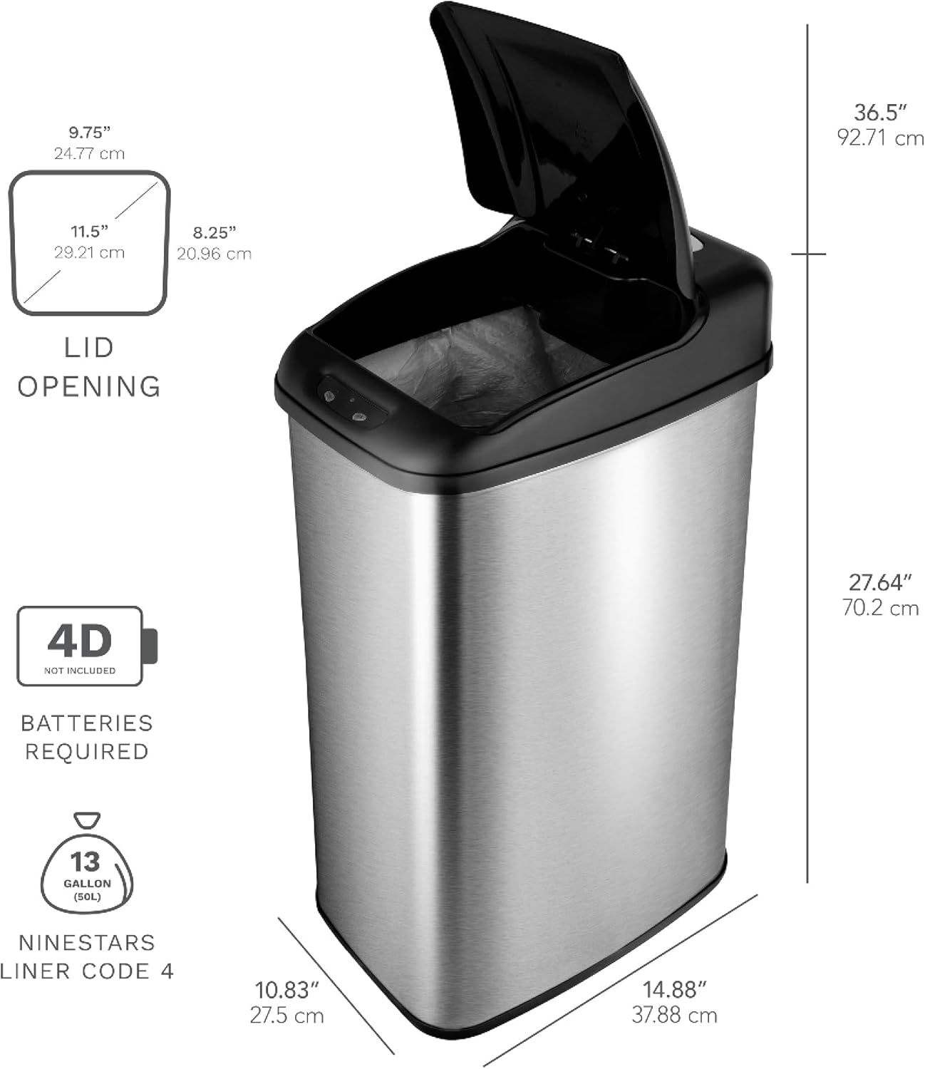 NINESTARS DZT-50-6 The Original Automatic Motion Sensor Trash Can, 13.2 Gal. / 50 L., Stainless Steel