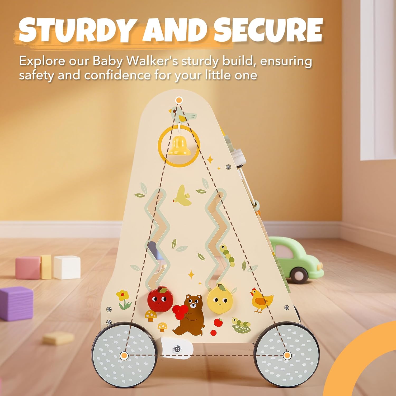 Pithfor Wooden Baby Push Walker, Baby Walker with Activity Center for Girls Boys