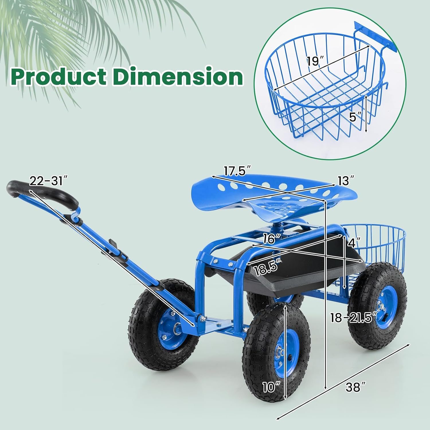 Giantex Rolling Garden Cart with Seat, 4-Wheel Gardening Workseat with Storage Basket, Swivel Stool Adjustable Seat, Steering Handle