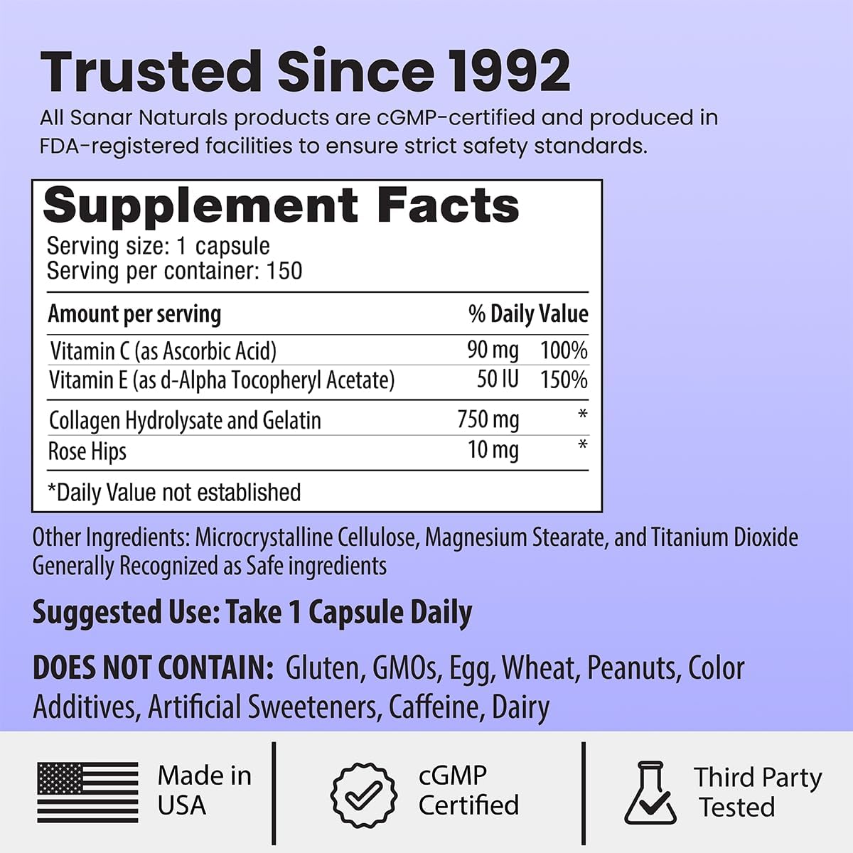 Sanar Naturals Collagen Peptides Pills for Hair, Skin & Nails | Type I & III, Hydrolyzed, Vitamin C, Vitamin E, Rose Hips, Joint Support, 150 Capsules