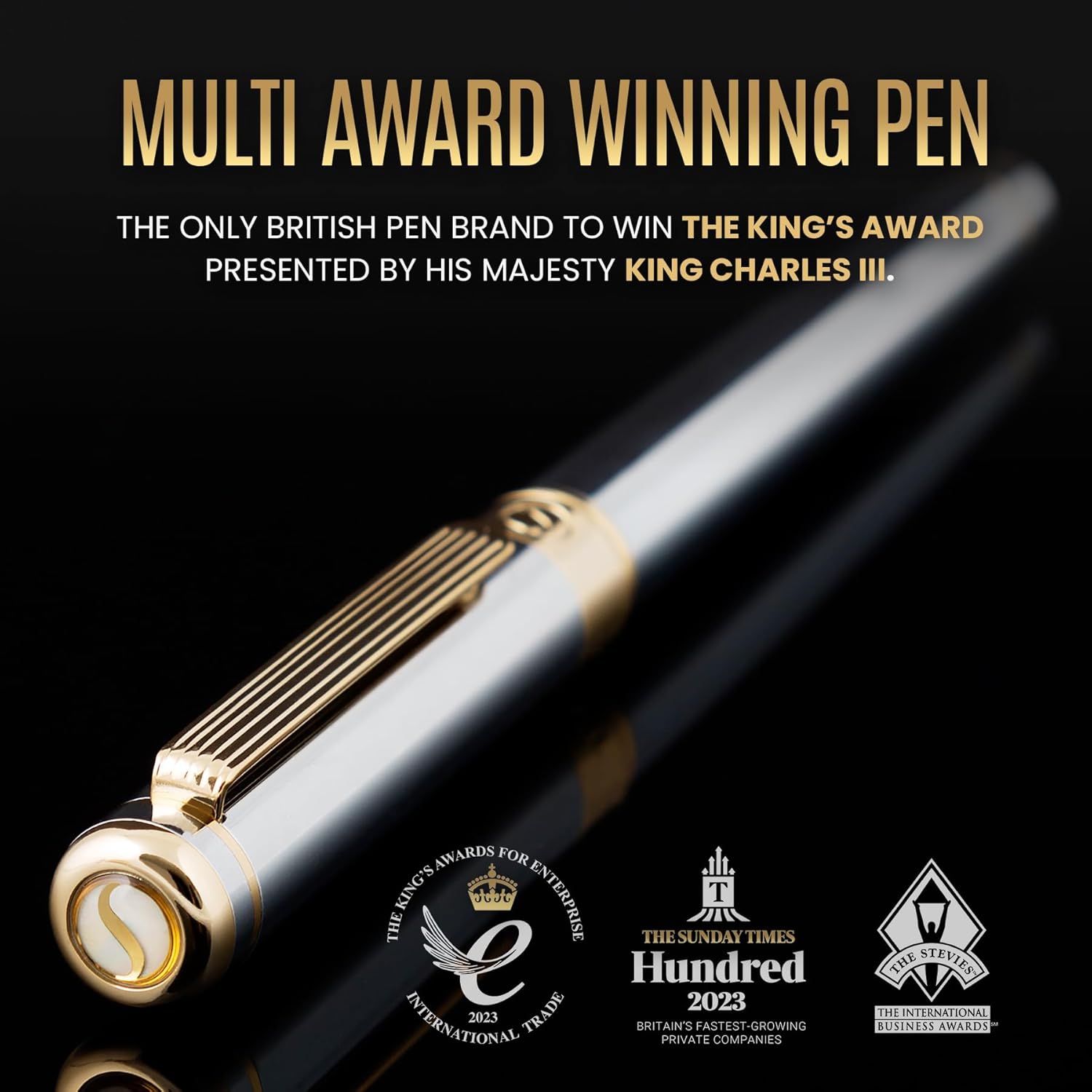 Scriveiner Silver Chrome Fountain Pen - Stunning Luxury Pen, Real Gold Finish Schmidt Gilded Nib (Medium), Best Pen Gift Set for Men & Women