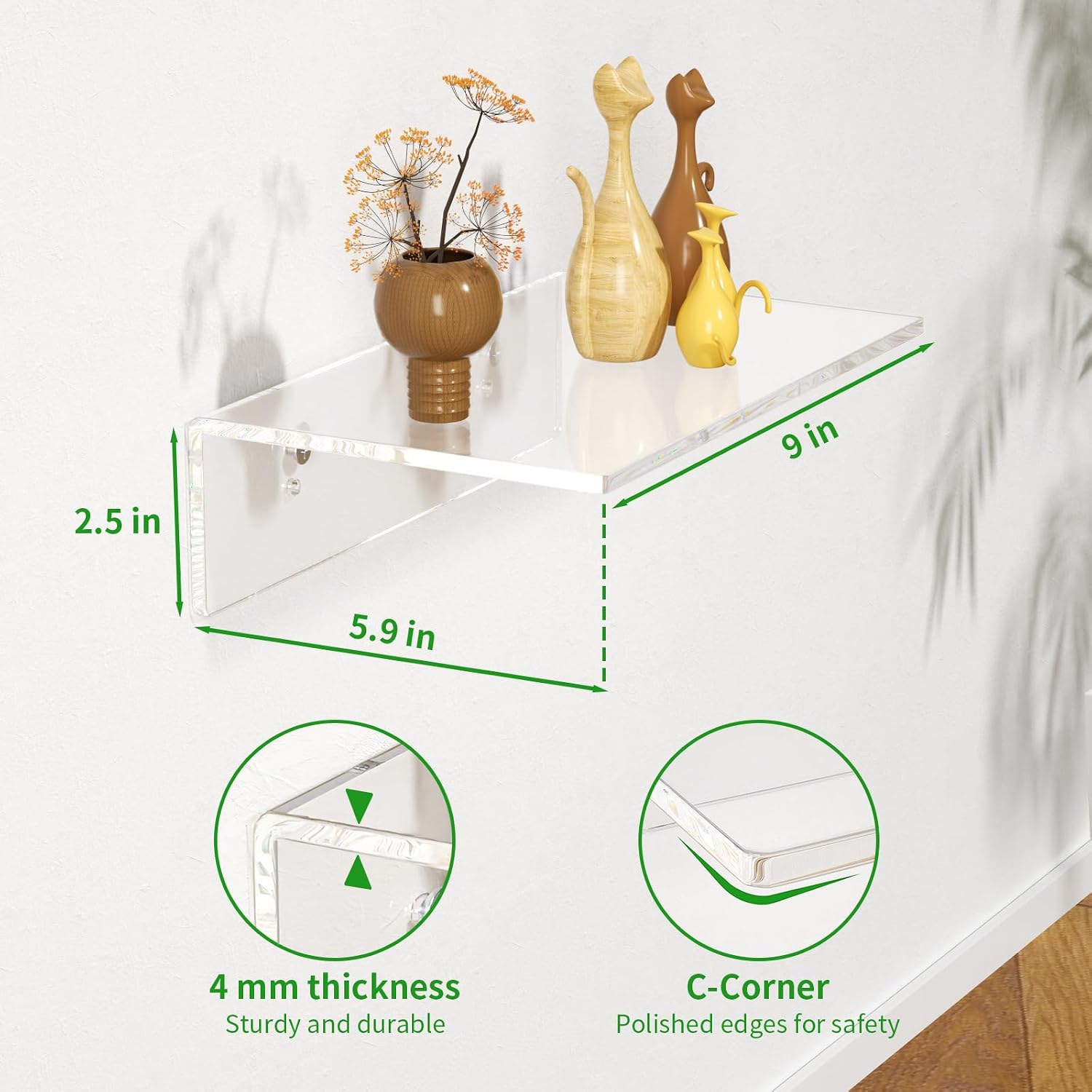 FEMELI 2 PCS 12" Acrylic Floating Shelves, Clear Shelf for Wall Display