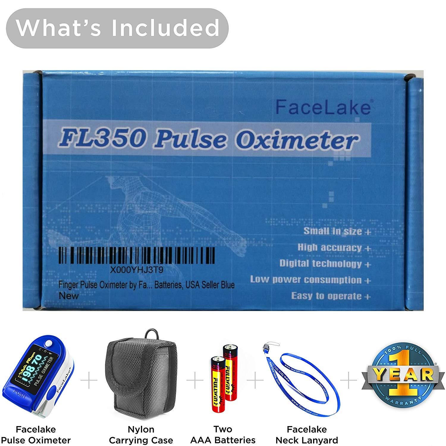 FL350 Blue Pulse Oximeter with Carrying Case, Lanyard & Batteries