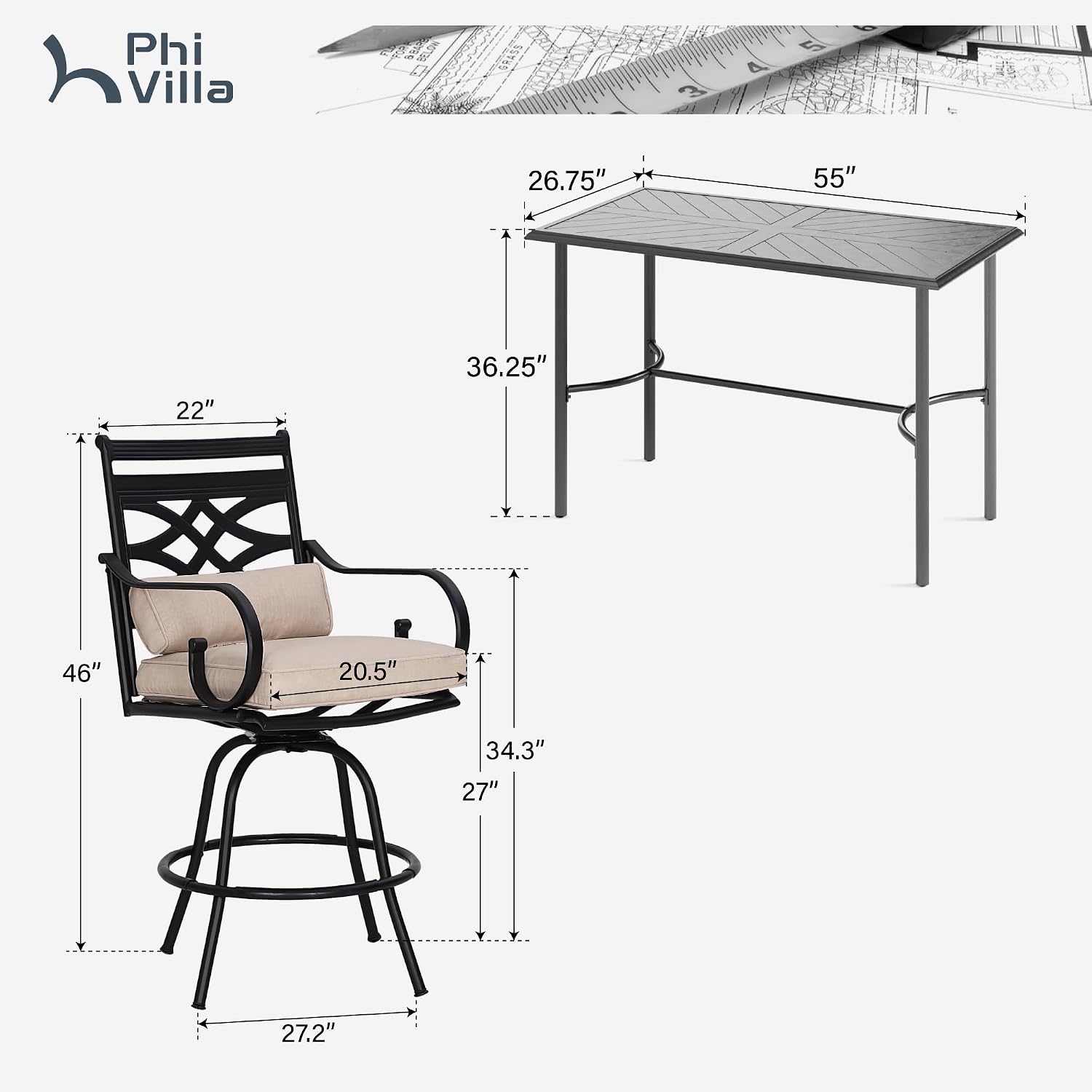 PHI VILLA Outdoor Bar Set 3 PCS Patio Bistro Table & Swivel Stools