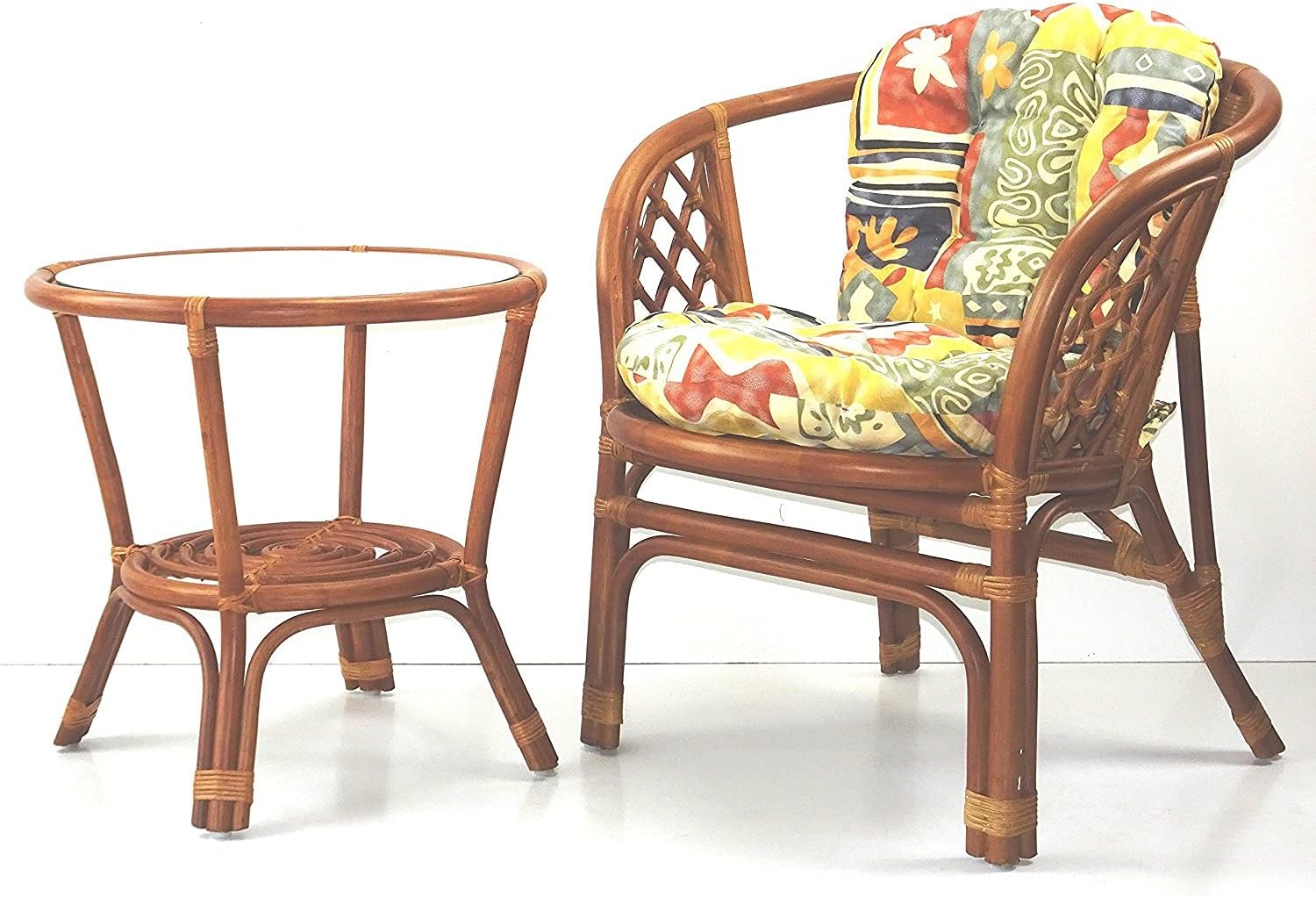 Lounge Bahama Natural Rattan Armchair with Cushion Handmade Design Tropical Style, Colonial