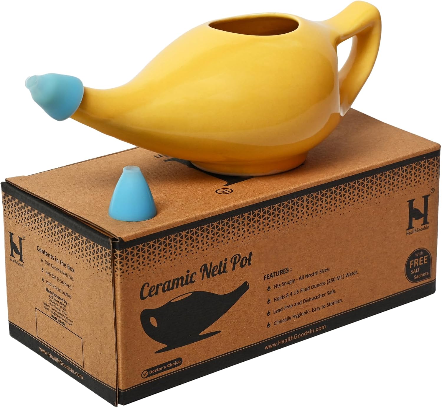 HealthGoodsIn Ceramic Neti Pot, Dishwasher Safe, Premium Handcrafted with 2 Silicone Nozzle and Salt for Sinus - 225 Ml. Capacity (Brown)