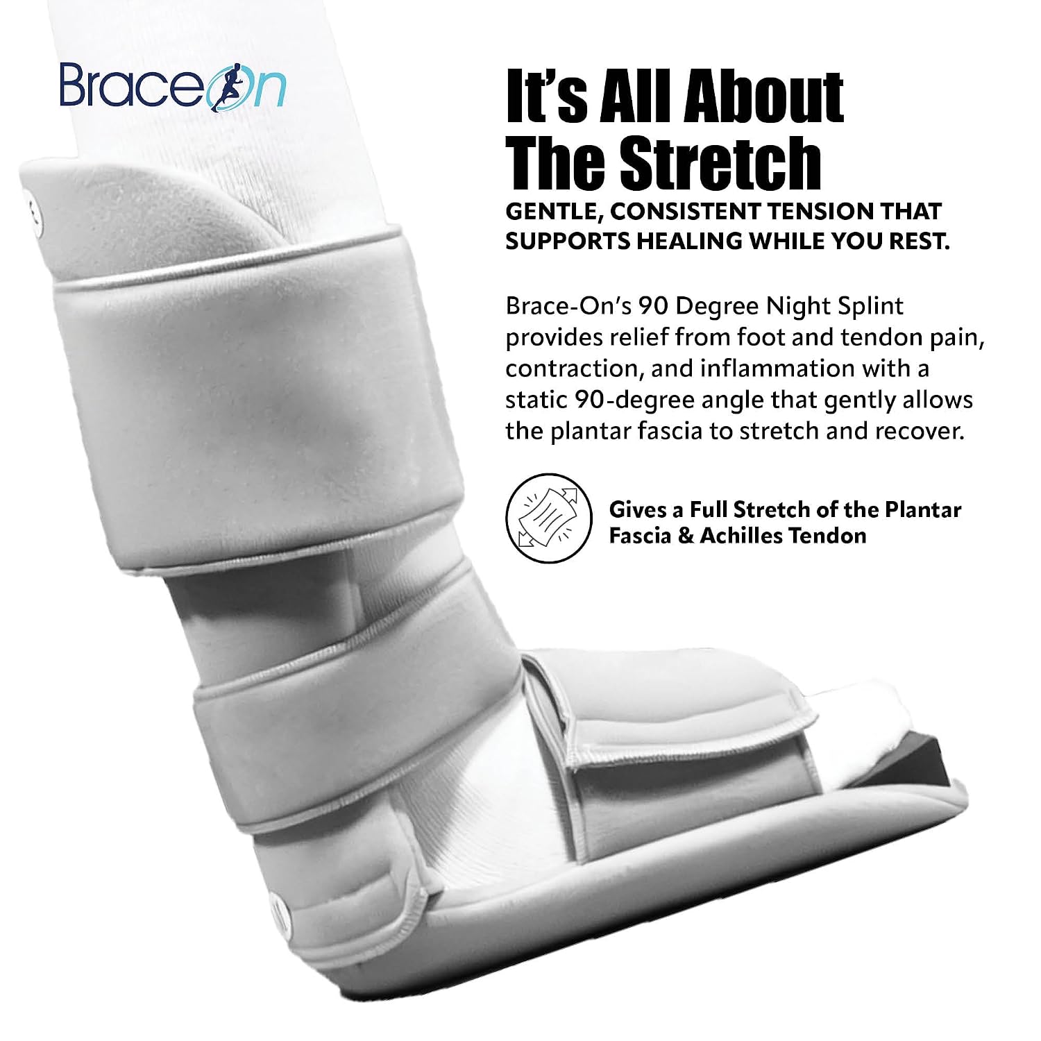 Brace On 90 Degree Night Splint, 3 Straps, Adjustable, Foam Wedge, Medium | Fits Men's Shoe Size 6-8 and Women's 7.5-9.5, Overnight Positioning, Ultra-Soft Materials, Removable Foam Wedge