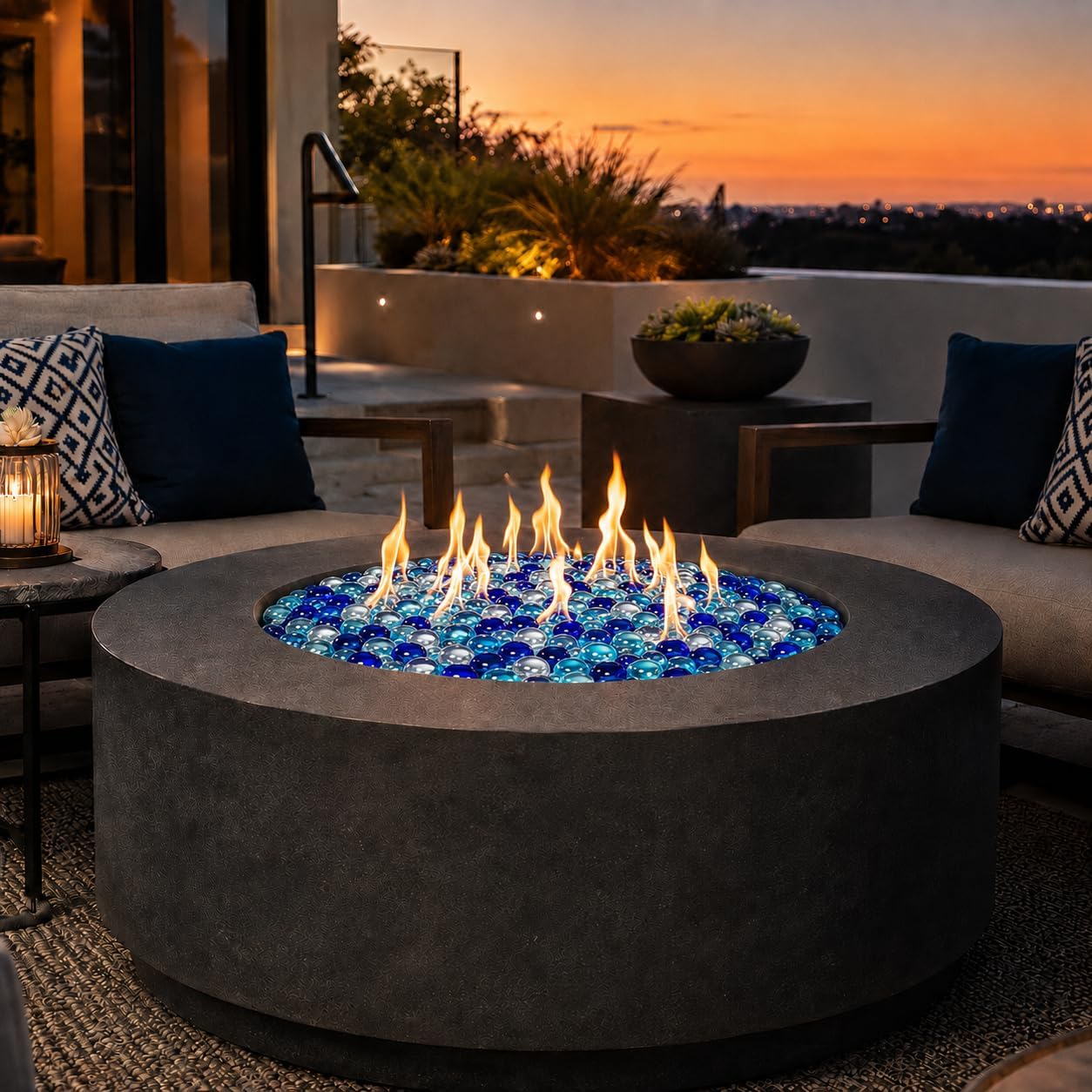 Hisencn Fire Glass Beads for Fire Pit 1/2 Inch, Blended Blue Fire Glass Rocks for Propane Gas Fireplace or Natural