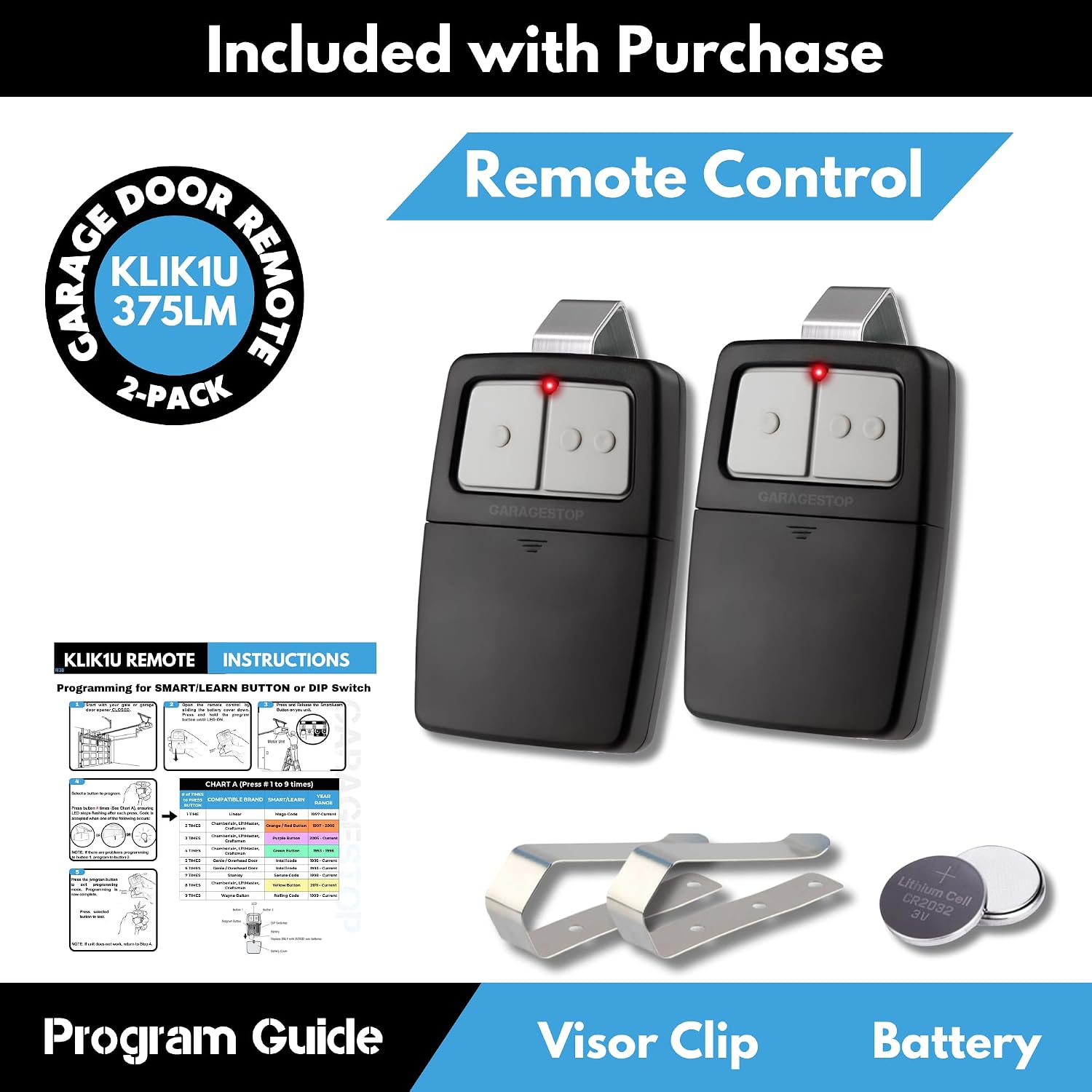 2X Universal Garage Door Opener Remote KLIK1U 375UT 375LM Garage Clicker
