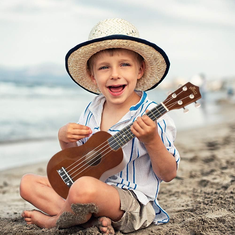 Winzz Soprano Ukulele Starter Kit For Beginners with Bag, Clip-On Tuner, Extra Strings, Strap, Plectrum, Fret Stickers, Chords Card, Polishing Cloth, Black