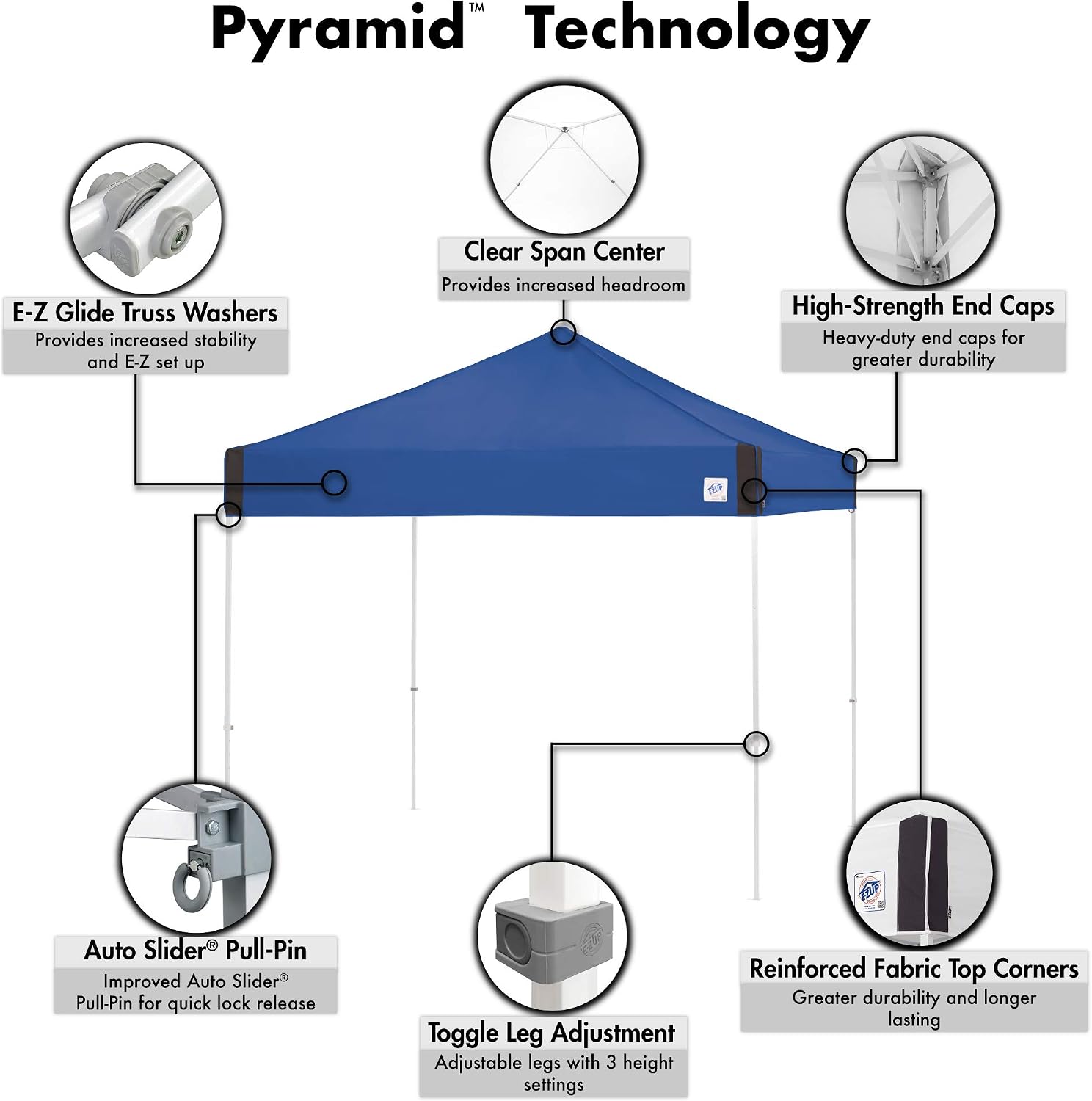 E-Z UP Pyramid Instant Shelter Canopy Pop Up Tent, 10' x 10' with Wide-Trax Roller Bag & 4 Piece Spike Set, Royal Blue