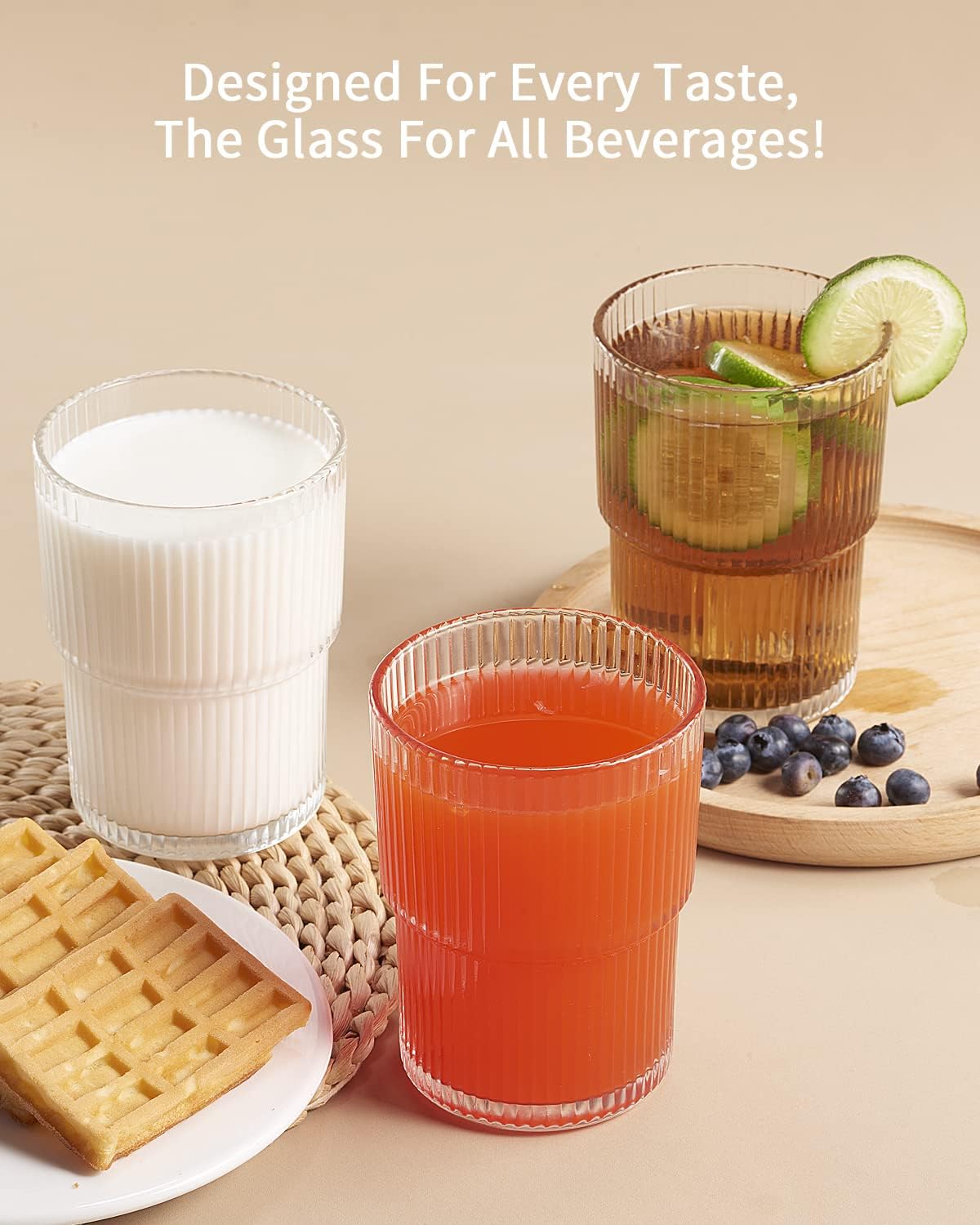6PCS Ribbed Drinking Glasses, 14Oz Stackable Glass Cup Set for Bar & Kitchen | Fluted Designed