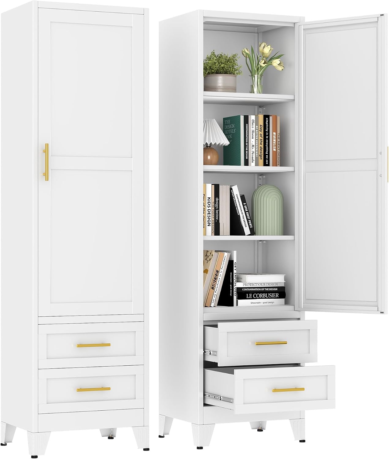 pozdeg 67" Tall Narrow White Metal Storage Cabinet | 2 Doors, 4 Adjustable Shelves, Freestanding Slim Pantry Organizer for Bathroom Kitchen Living Room