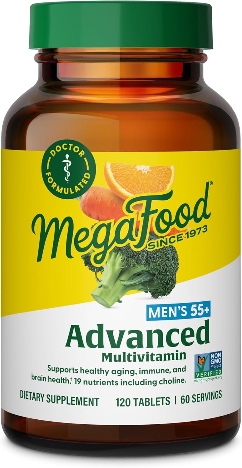 MegaFood Advanced Multivitamin for Men 55+ Doctor Formulated, 120 Tablets | For Healthy Aging, Immune Support, Bone and Brain Health, Choline, Methylated B12, Methylfolate, Vegetarian, 60 Servings
