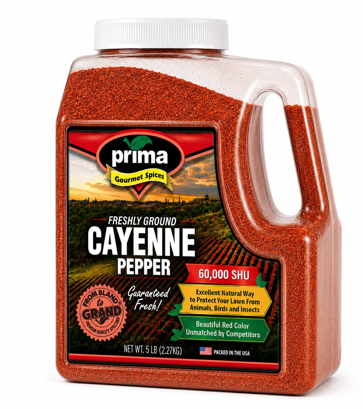 Prima Spice Cayenne Pepper Powder 5 LBS Bulk Kitchen Jug | 60, 000 SHU (Extra Hot) | All Natural