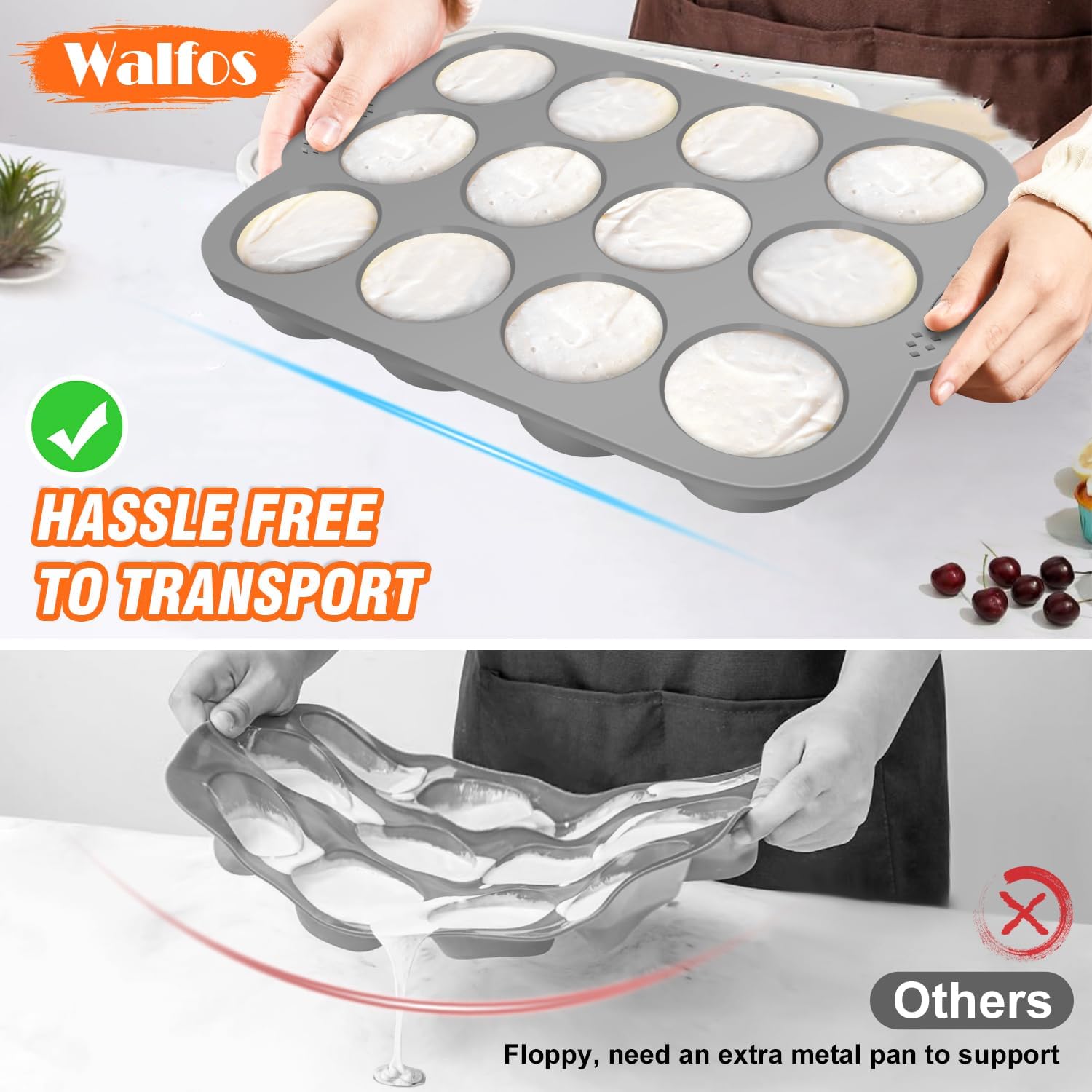 Walfos Silicone Texas Muffin Pan - 6 Cup Jumbo Silicone Cupcake Pan, Non-Stick, Just Release! Perfect for Egg Muffin
