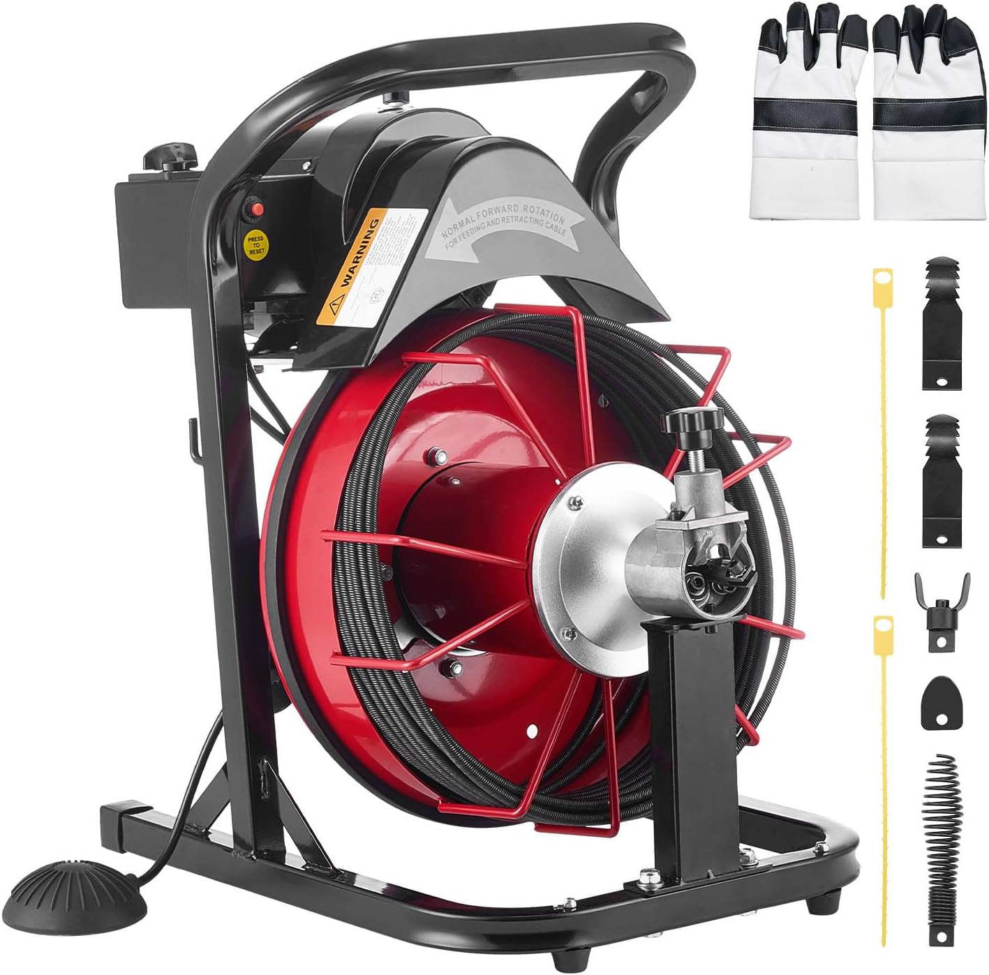 VEVOR Drain Cleaner Machine 75 FT x 3/8 Inch, Sewer Snake Auger Manual Feed with 4 Cutters & Air-activated Foot Switch for 2" to 4" Pipes