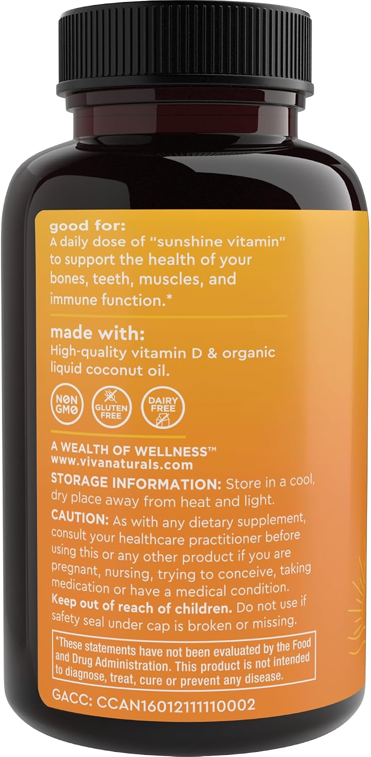 Viva Naturals Vitamin D3 5000 IU Softgels, 360 Count (125 mcg), Supports Bone & Immune Health, High Potency Vitamin D