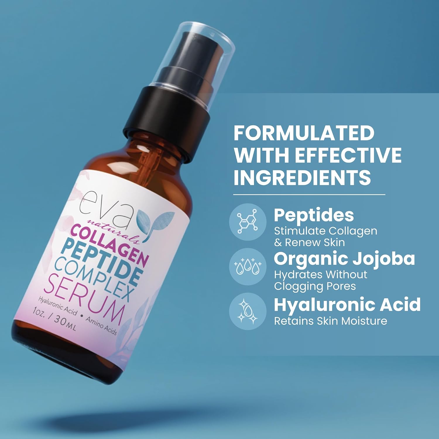 Eva Naturals Collagen Peptide Serum, Hyaluronic Acid, Fine Lines, 2 oz | Firming, hydrating, wrinkle reducer, anti-aging, for women & men, for face