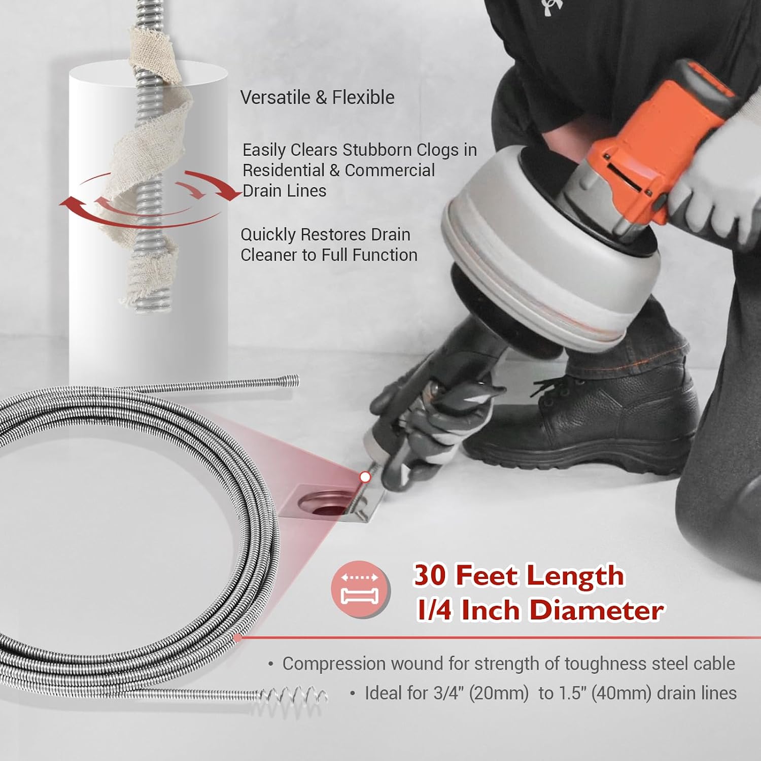 Replacement Drain Snake Cable Compatible with Ridgid K-45 & K-45AF Auto-Spin Drain Augers, 21338 Inner Core Cable, 30 Ft x 1/4 in