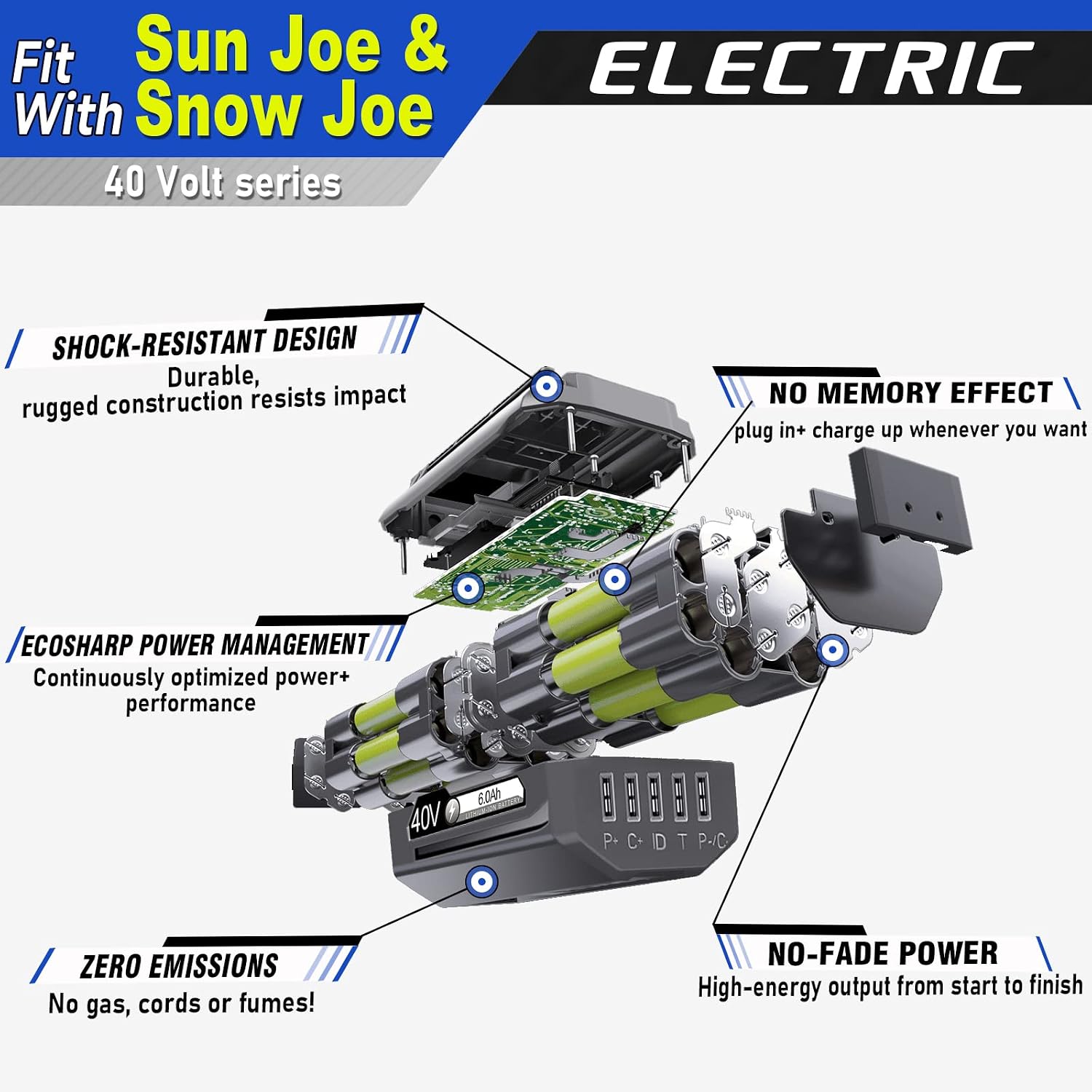 【Upgrade!】 40V 6.0Ah Replacement Battery for Snow Joe/Sun Joe Ecosharp 40V Tools Lithium-ion Battery Snow Blower Lawn Mower Pressure Washer. 40V