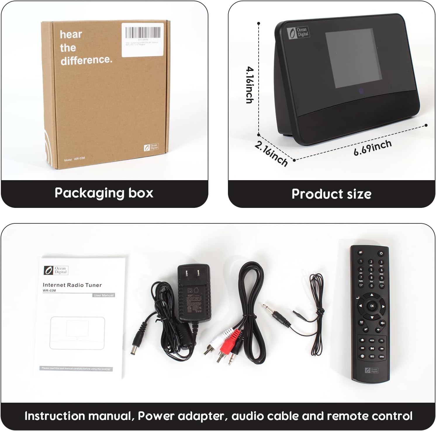 Ocean Digital WR-03M Internet Radio Receiver (No Built-in Speaker) with Bluetooth, FM, Wi-Fi, LAN, Optical & Line Out, UPnP/DLNA Streaming