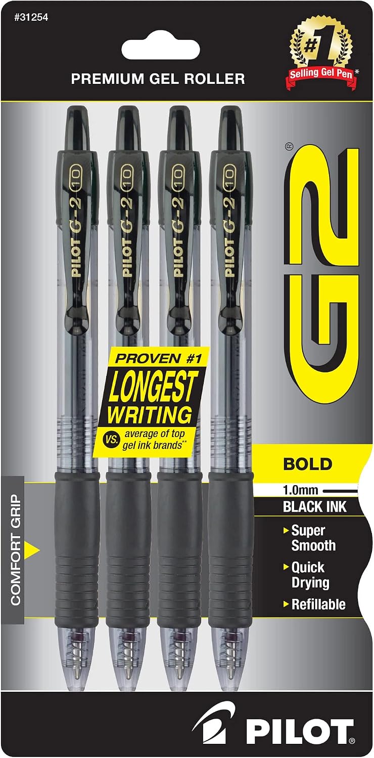 PILOT G2 Premium Rolling Ball Gel Pens, 1.0 mm, Black Ink, 4-Pack