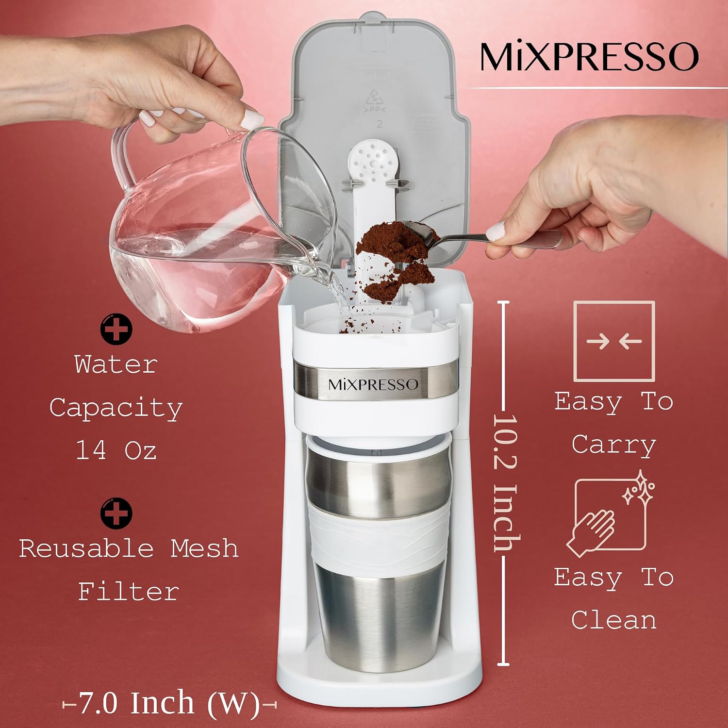 Mixpresso Single Serve & Single Cup Coffee Maker with 14oz Travel Mug Black | For ground coffee only, reusable filter, auto shut off. Compact personal drip coffee maker, not compatible with K-Cup pods.