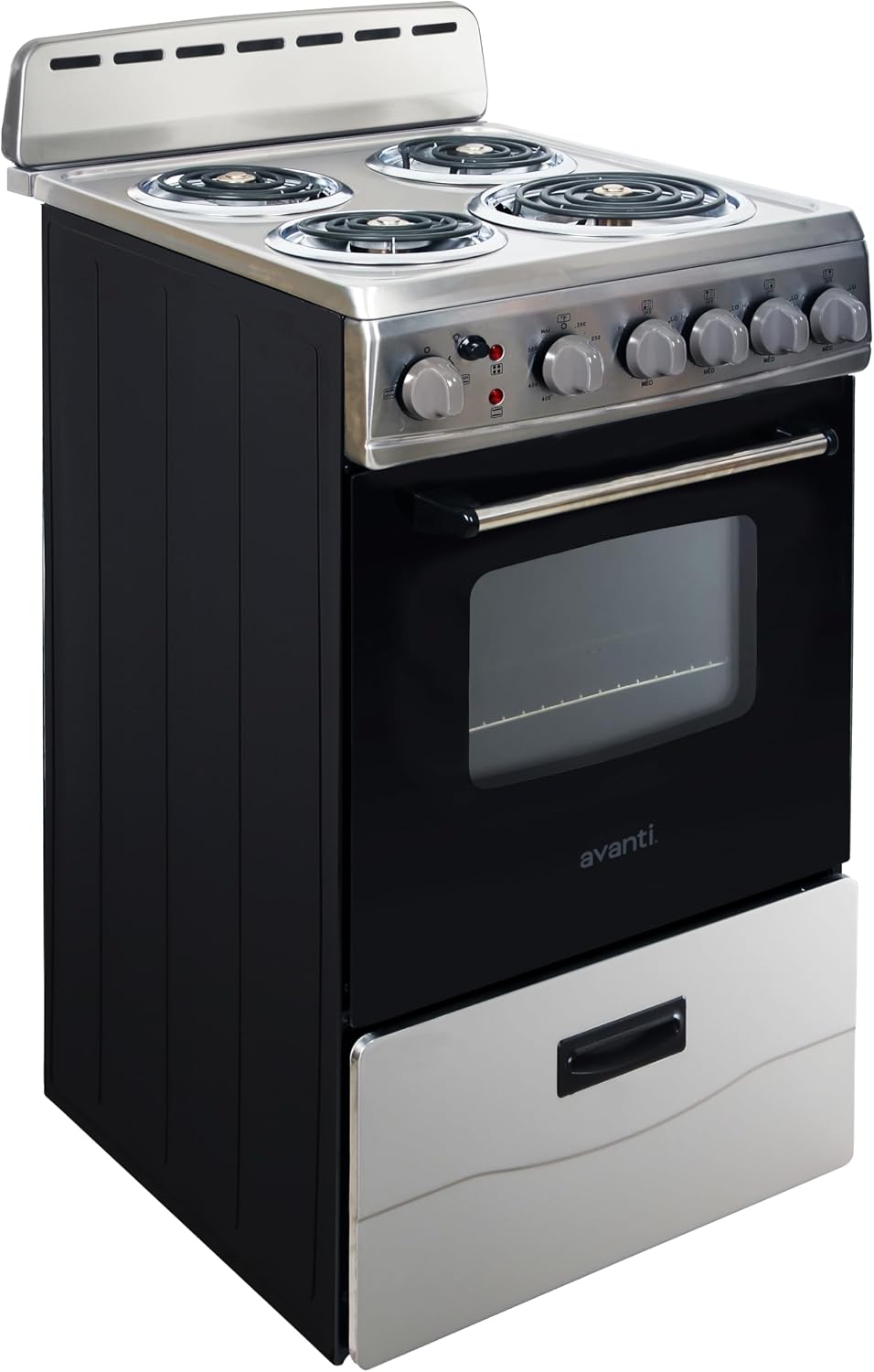 Avanti Electric Range Oven Compact Design, 2.1-Cu.Ft. Capacity with 4 Coil Burners, Framed Glass Oven Door, Storage Drawer and Broiler with Pan, 20-Inch, White