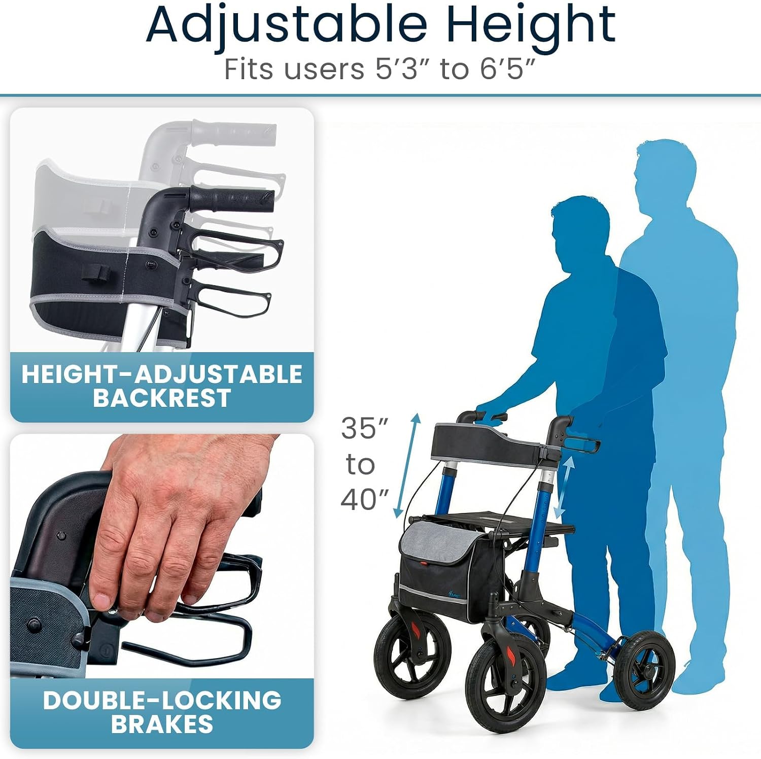 Vive All-Terrain Rollator Walker with 12” Pneumatic Wheels - Padded Seat | Backrest