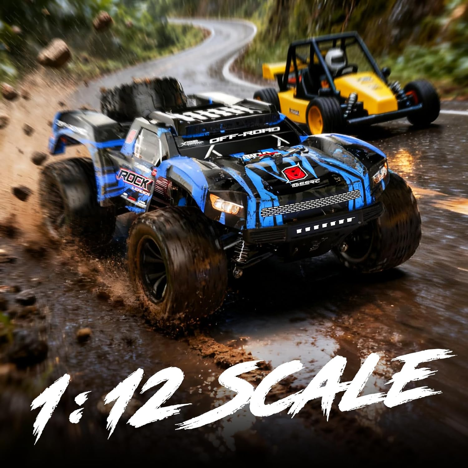 DEERC 1:12 Fast RC Cars 45KPH, 4WD High Speed Short Course RC Truck, Off-Road All Terrain Remote Control Car with 2 Batteries & Spare Tire