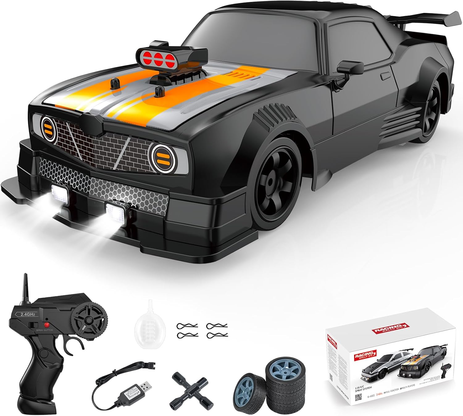 Fistone RC Drift Car 2.4GHz 1:16 Scale 4WD 18KM/H High Speed Remote Control Car with LED Lights, 2 Batteries and Rubber Tire
