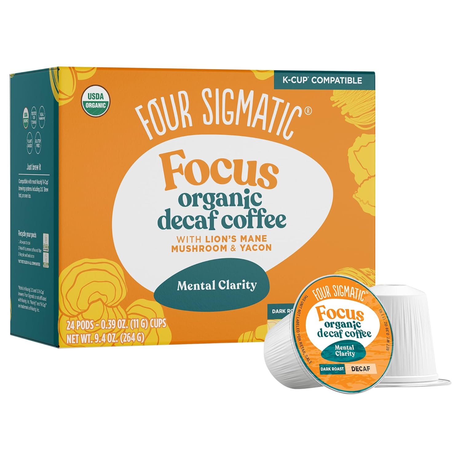 Four Sigmatic Mushroom Coffee K-Cups | Organic Dark Roast Coffee with Lion’s Mane Mushroom Powder & Yacon | Focus & Immune Support | Vegan & Keto