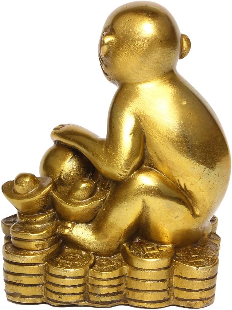 Brass Zodiac Monkey Statue, Chinese Feng Shui Decor for Wealth Luck | Golden Money Monkey Figurine, Home Desk Office Decor, Career & Wealth Decor
