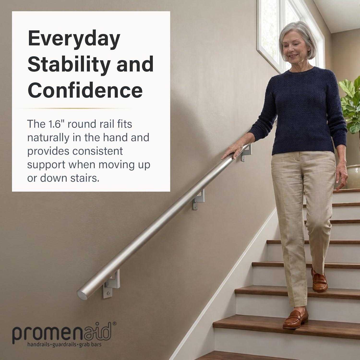Promenaid Silver 3ft Flush Handrail Kit - Complete Indoor/Outdoor Stair Handrail - Modern 1.6" Round Satin-Anodized Aluminum Railing with 2 Silver
