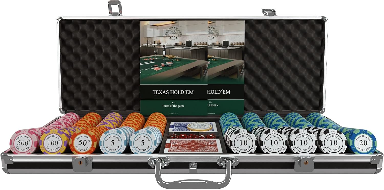 Bullets Playing Cards | Poker Set Corrado | 500 Clay Poker Chips (14 g) with Aluminum Case & Playing Cards – Texas Hold’em