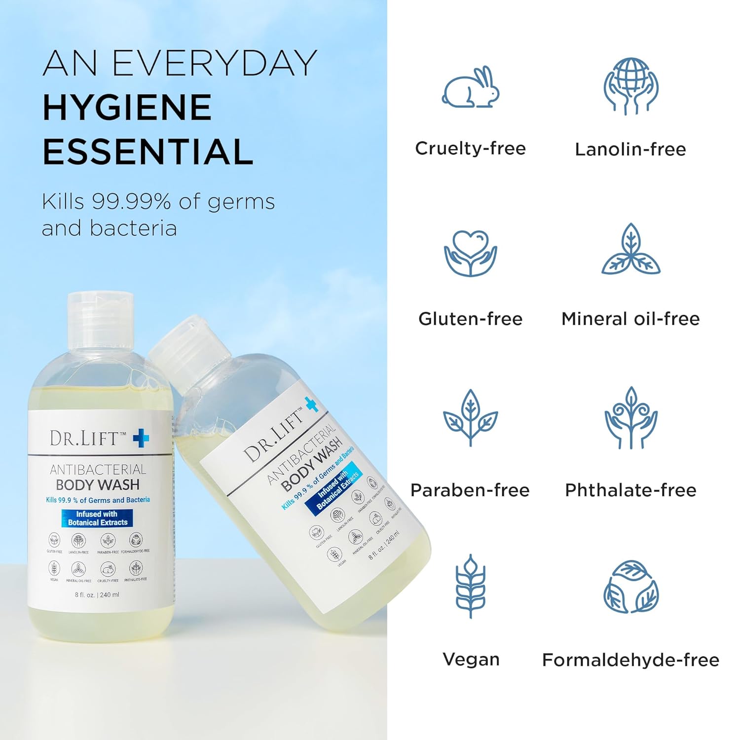 Dr. Lift Antibacterial Body Wash, Lemon, Spirulina, Vegan, 8 Fl Oz