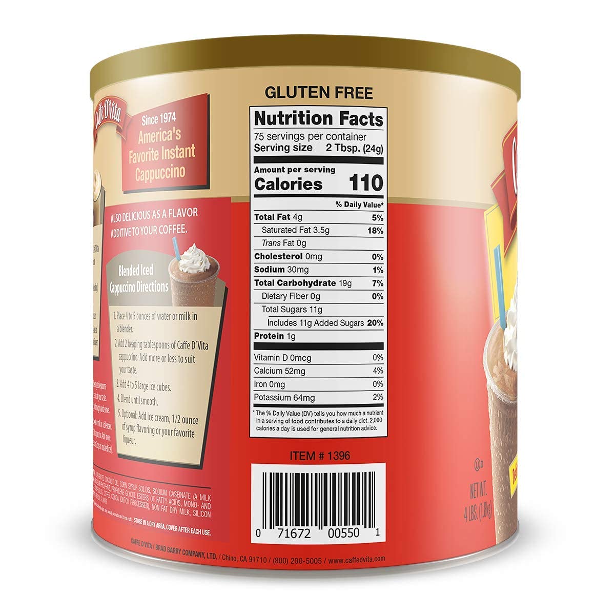Caffe D'Vita Mocha Cappuccino Mix - 4 lb can (64 oz.) | Instant Cappuccino Mix, Gluten Free, No Cholesterol or Trans Fat, 99% Caffeine Free, Mocha
