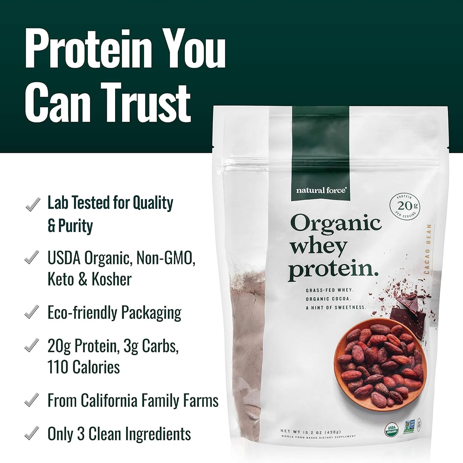 Natural Force Grass Fed Organic Whey Protein Powder – Non GMO Verified, Humane Certified & Lab Tested for Toxins – Real Vanilla Flavor – Keto Friendly, Low Carb, and Kosher - 16 Ounce A2 Protein