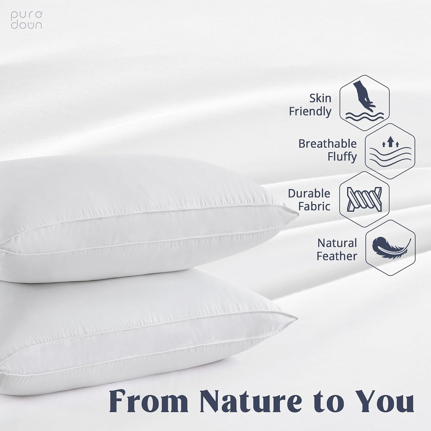 puredown® Goose Feathers and Down White Pillows with 100% Cotton Cover, Bed Sleeping Hotel Collection Pillows Set of 2, Standard Size