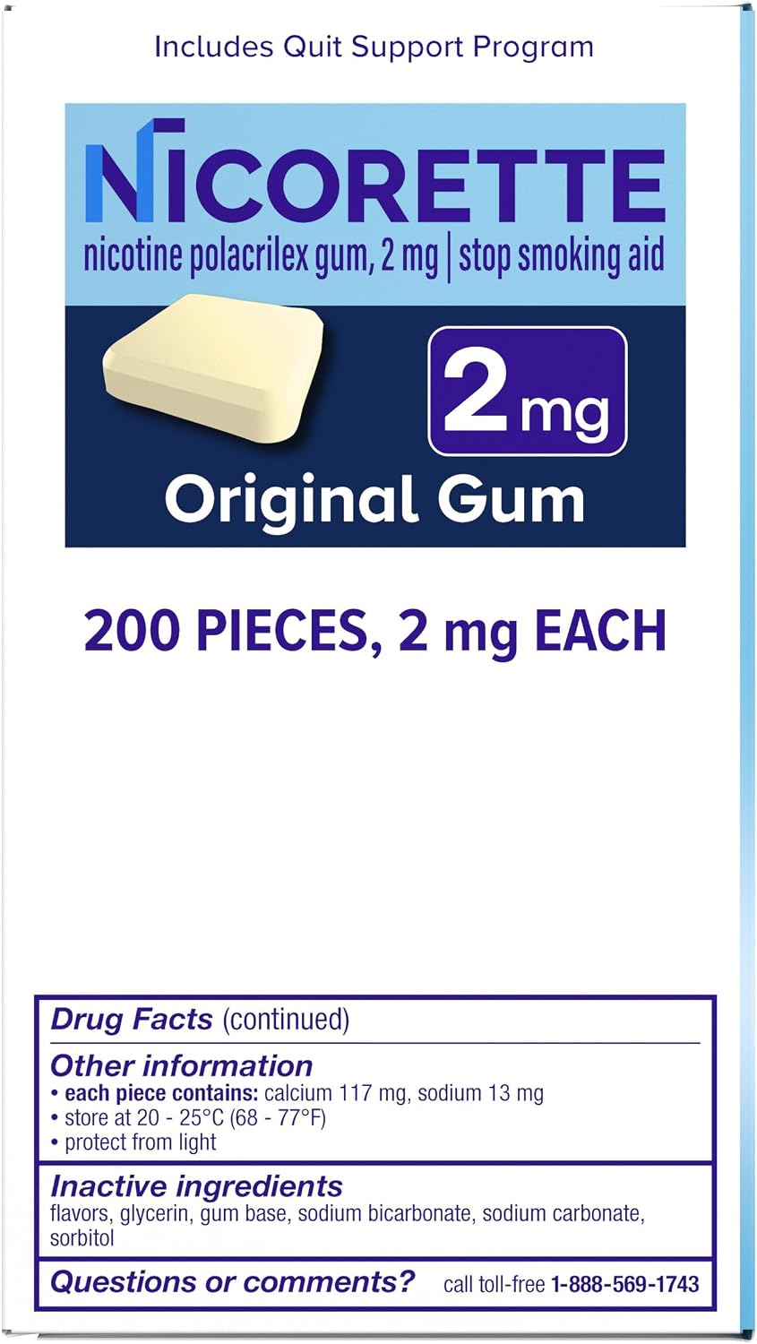Nicorette Nicotine Gum Stop Smoking Aid, 2 mg, Original Flavor - 200 Count | Reduces Nicotine Cravings and Withdrawal Symptoms, Intense Craving Relief, Portable Smoking Cessation Gum